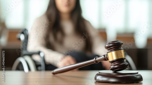 A gavel rests on a table in a courtroom, with a blurred figure in a wheelchair seated in the background, symbolizing justice and accessibility in legal settings.