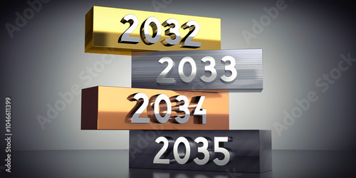 2032, 2033, 2034, 2035 - words on metal blocks - 3D illustration