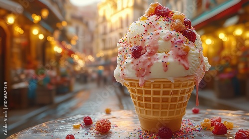 A tempting cup of Italian gelato sits on a stone table, melting slightly under the warm sunlight, decorated with vibrant sprinkles and juicy fruits, enhancing the delightful dessert experience