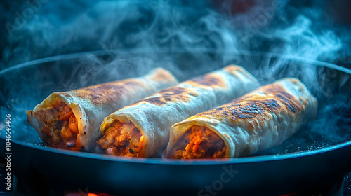 Spicy Frozen Burritos Steaming in a Frying Pan, A Warm and Joyful Meal for the Whole Family to Enjoy