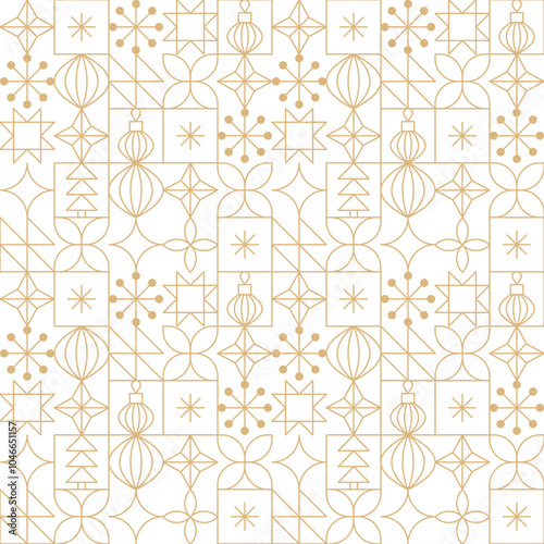 Gold line Christmas motifs seamless pattern. Mid Century modern Christmas, New Year holidays linear icons background.