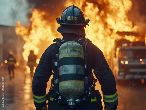 Firefighter confronts blazing inferno at industrial facility during nighttime rescue operations