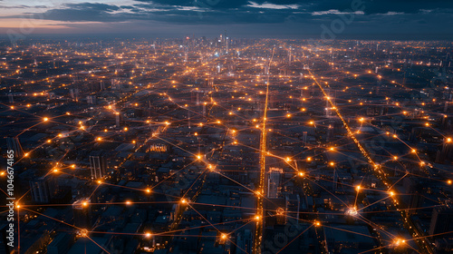 A wide aerial view of the city at night, with glowing network connections linking buildings and streets across its landscape