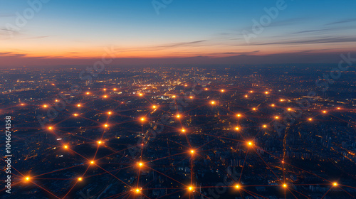 A wide aerial view of the city at night, with glowing network connections linking buildings and streets across its landscape