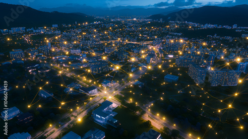 A wide aerial view of the city at night, with glowing network connections linking buildings and streets across its landscape