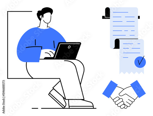 Person working on laptop with a rolled-up document, a checkmark, and a handshake. Ideal for business, remote work, contracts, agreements, and collaboration themes. Modern, clean, minimalist style