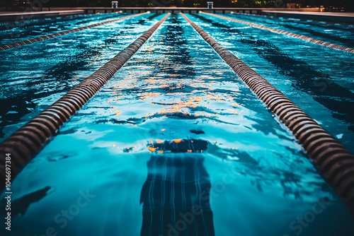 Calm evening moments at an outdoor swimming pool with illuminated lanes reflecting soft lights and clear blue water