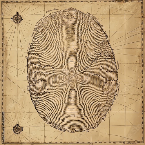 Ancient map contour lines creating fingerprint shape, vintage paper texture, cartographic details, sepia tones