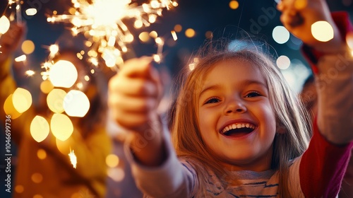 Delighted young girl holding a sparkling firecracker and celebrating at night with a bright cheerful smile on her face The image captures the joy excitement