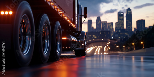 The powerful wheels of a semi-truck speeding over a bridge, with the city in the background, showcasing the seamless connection of logistics and urban freight delivery.