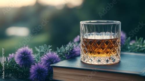 Close-up of a book of Robert Burns poetry, surrounded by thistle flowers and a dram of whisky, celebrating Burns Night traditions 