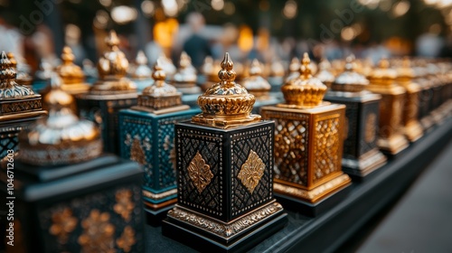 Golden frankincense and myrrh displayed in ornate boxes, with intricate patterns, symbolizing the sacred gifts of the Three Wise Men for Epiphany 