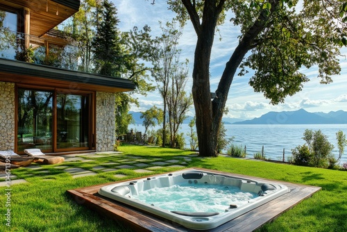 Jacuzzi Oasis: Beautiful Outside Setting with Lush Greenery and Blue Sky