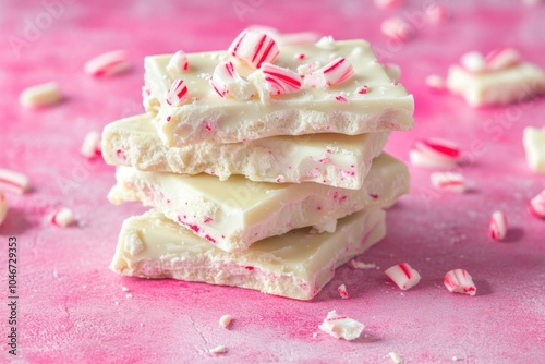 White chocolate peppermint bark on pink background