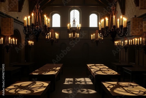 Medieval Hall with Candelabras Candelabras in a medieval hall ca