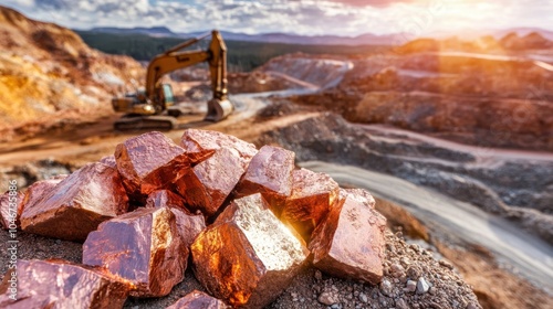 Copper mine with excavators working, raw copper pieces spread across ground, sunlight reflecting off mineral, capturing unrefined material essential for batteries