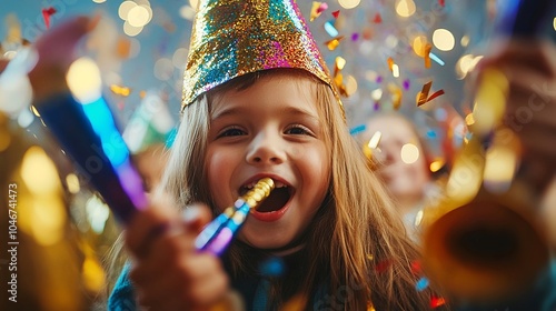 Bambina felice che festeggia il Capodanno con capellino colorato e trombetta