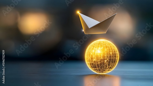 Sustainable paper airplane flying gracefully around a glowing illuminated globe symbolizing a vision for a clean renewable energy future and global environmental sustainability