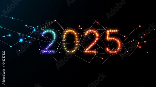 Testo "2025", scritto con stile minimalista di piccole luci splendenti di colori diversi su sfondo nero per la celebrazione del nuovo anno.