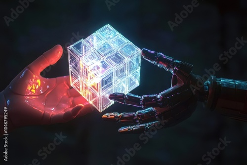 A human hand and a robotic hand reach for a glowing, translucent cube, representing the collaboration between humanity and artificial intelligence.