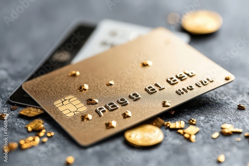 Gold credit card with coins and glittering details, white isolate background