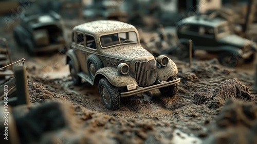 Close-up of a vintage toy car in a muddy and weathered diorama setting with additional toy cars visible in the background