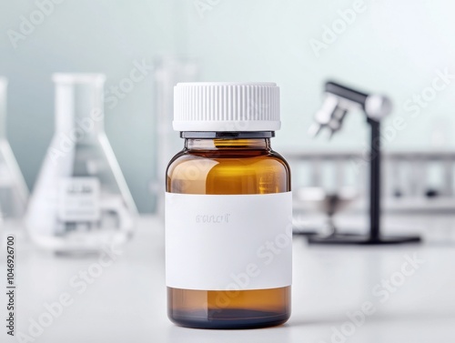 A clear amber glass bottle with a white lid, ideal for storing laboratory liquids or pharmaceuticals in a clean environment.