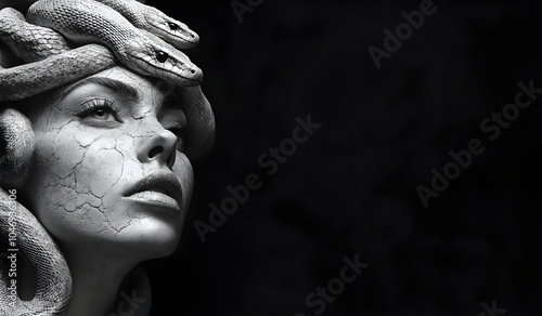 Gorgon Medusa black and white, white plaster sculpture isolated on black background. Abstract modern art portrait. Portrait of girl with snakes on her head. Copy space. Empty background.