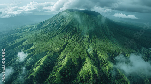 A dead volcano that hasn't erupted, but is now covered in deep, lush forests and clouds.