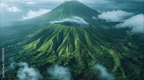 A dead volcano that hasn't erupted, but is now covered in deep, lush forests and clouds.