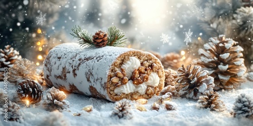 a roll covered in powdered sugar with a pine branch and pine cones