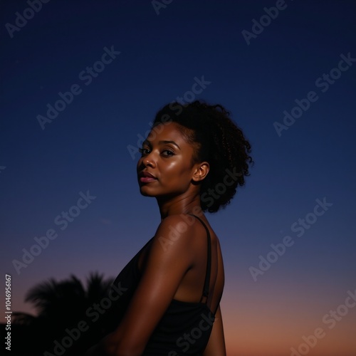 African American woman against the backdrop of a starlit night sky