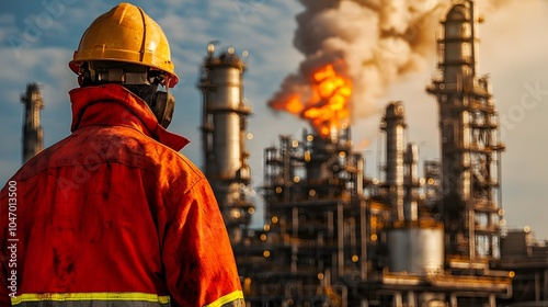 Detailed layout plans for an oil refinery facility shown alongside a fire retardant protective jacket highlighting the technical and safety focused nature of industrial energy production sites