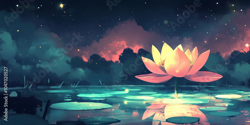 Lotus of immortality blooming in a celestial pool, illustration art