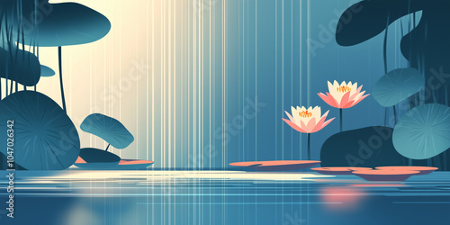 Water lilies with flat leaves floating in a formal reflecting pool, illustration art