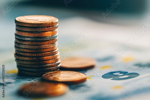 Coins Stacked on Banknotes in Close-up View