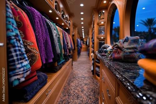 An array of vibrant clothes fills luxurious wooden wardrobes, blending colors and textures that exude elegance, variety, and high fashion sense in an elegant space.