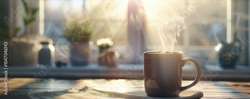 Freshly brewed coffee in a ceramic mug with steam rising, 4K hyperrealistic photo