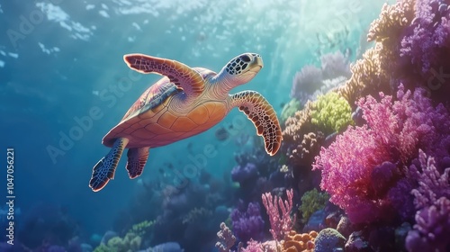 A vibrant underwater scene with a sea turtle gliding gracefully through coral reefs.