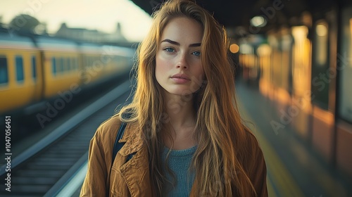 A woman in casual clothes standing at a train station platform, her face showing anxiety and impatience as she waits, full-body shot, 4K resolution