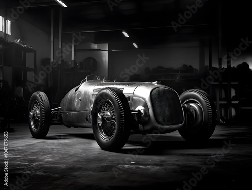 Timeless elegance of a vintage silver racing car in black and white photography