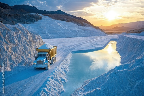 A dump truck hauling salt in a salt mine at sunset