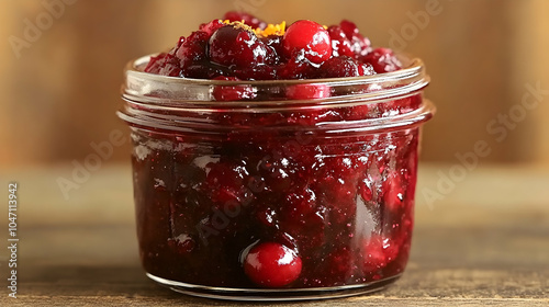 A glass jar of cranberry sauce with a few whole cranberries on top.