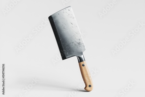 A large heavy duty cleaver with a wooden handle.