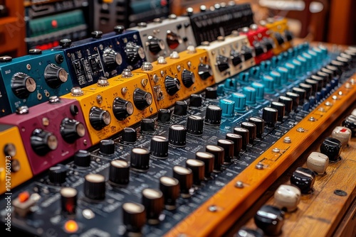 Close-up of a Row of Colorful Audio Pedals with Knobs