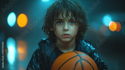 Under a rainy sky, a boy with wet, tousled hair grips a basketball tightly, gazing intently into the distance as city lights create a vibrant backdrop