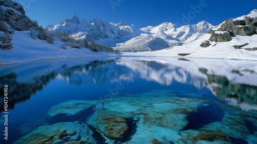 large lake with crystal clear water surrounded by large mountains with snow