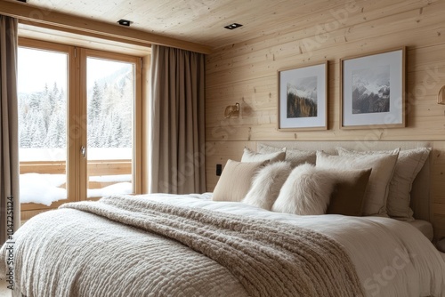 Cozy bedroom interior with large comfortable bed facing snowy mountains landscape seen through balcony doors