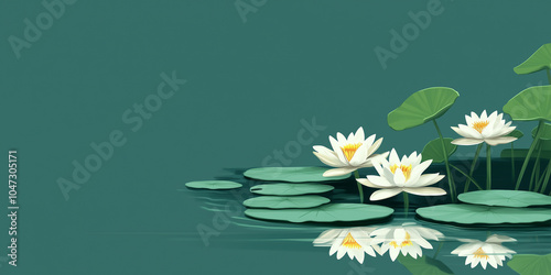 Water lilies with flat leaves floating in a formal reflecting pool, illustration art