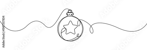 Christmas ball one line icon. Simple one continuous line drawing of christmas bauble with a star inside isolated on white background.Holiday christmas decoration.